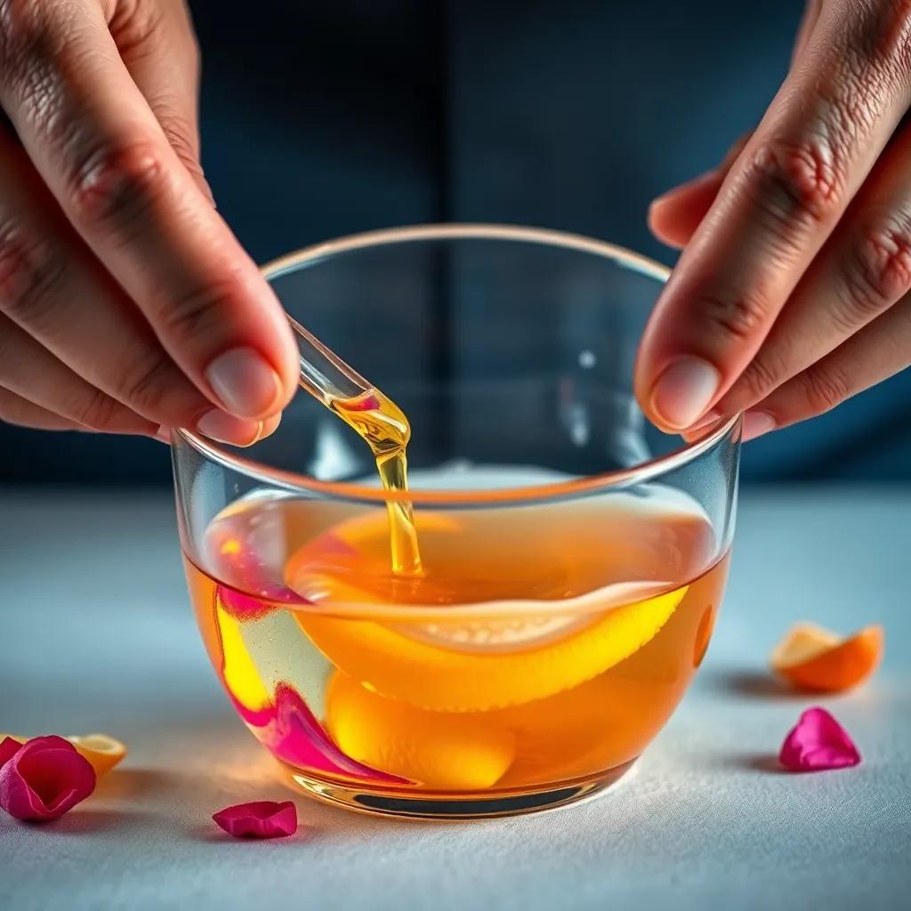 Close-up of Abdullah's hands mixing rose and lemon oils in a glass container, the oils swirling together, colorful and aromatic, artistic photography, vibrant colors, high quality