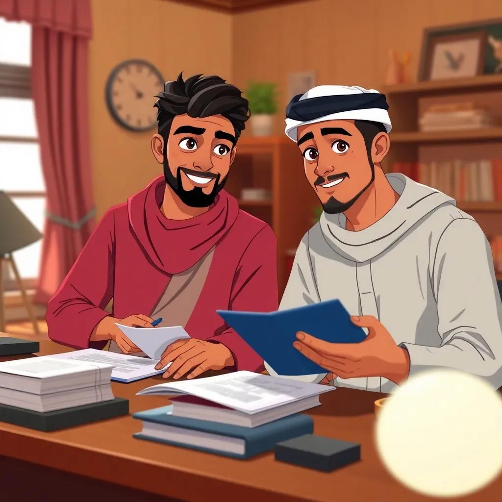 Two young Arab men, Abdullah and Abdullah, sitting together at a desk, sharing ideas and notes, looking determined and inspired, cozy atmosphere, warm colors, friendly scene