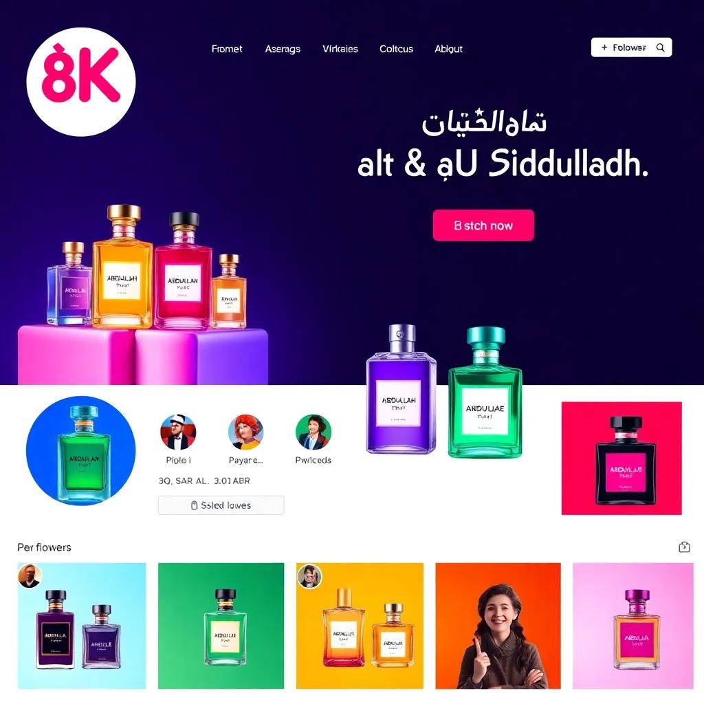A social media page showcasing Abdullah and Abdullah's perfumes, with colorful bottles and engaging followers, digital marketing theme, bright colors, modern design