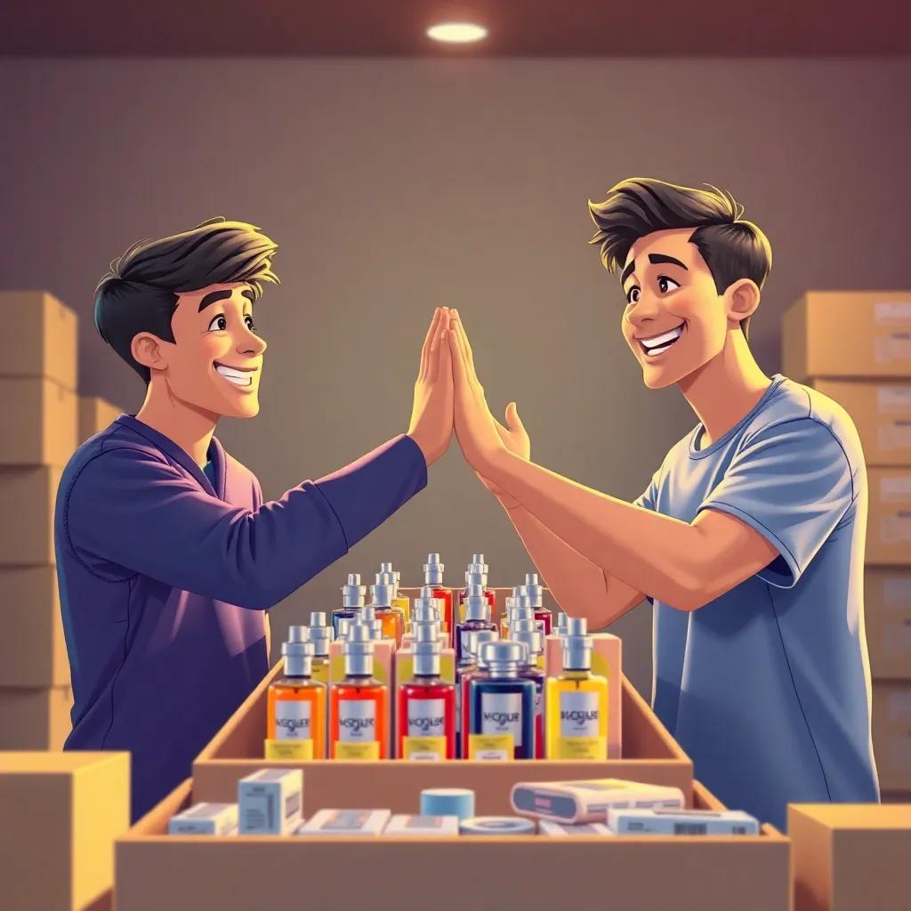 A large order of perfume bottles being packed up with care, two young men smiling and high-fiving, joy and achievement, colorful packaging, warm light, cheerful