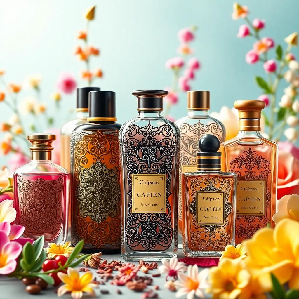 A beautiful display of various perfume bottles with intricate designs, background of fragrant flowers and herbs, aesthetic and inviting, high quality, bright and detailed
