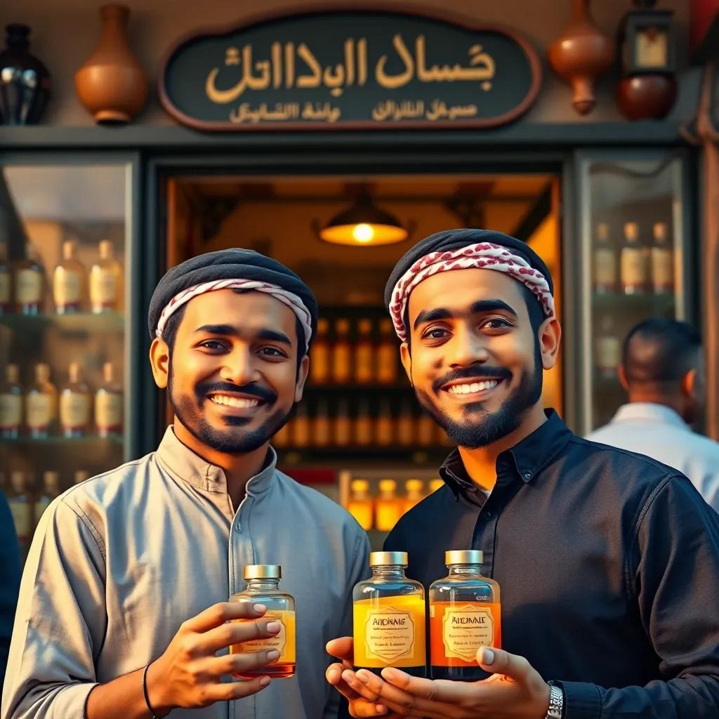 Close-up of the two Abdullahs, proud and joyful, standing in front of their shop, showcasing their unique scents with satisfied customers, bright smiles, warm light, positive ambiance
