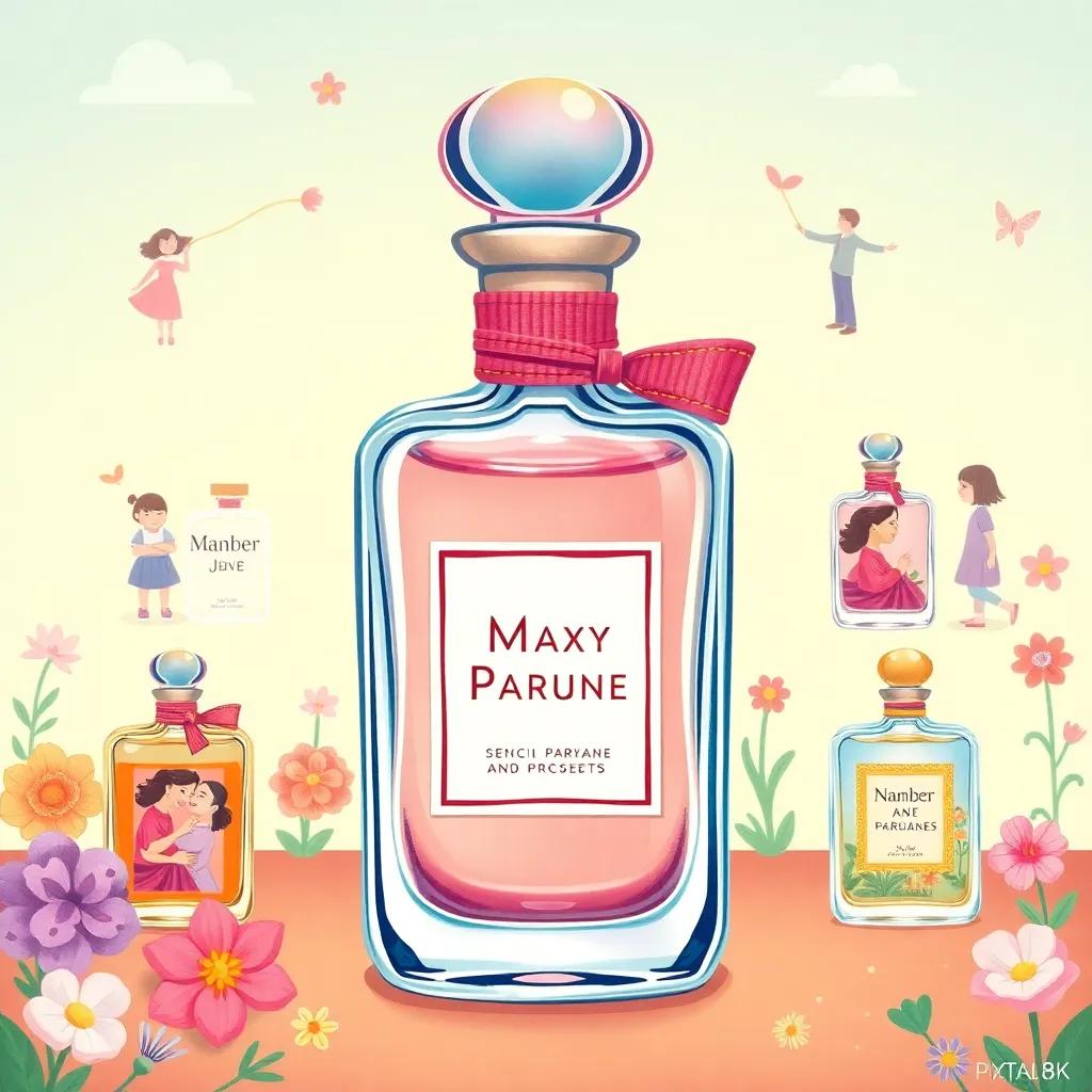 A whimsical illustration showing each perfume bottle representing a unique story, with backgrounds of joyful moments related to each scent, vibrant colors, creative and imaginative
