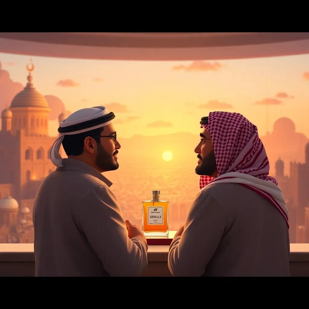 A motivational scene with the two Abdullahs looking at their successful perfume brand, surrounded by memories and achievements, warm colors, uplifting atmosphere, inspiring view