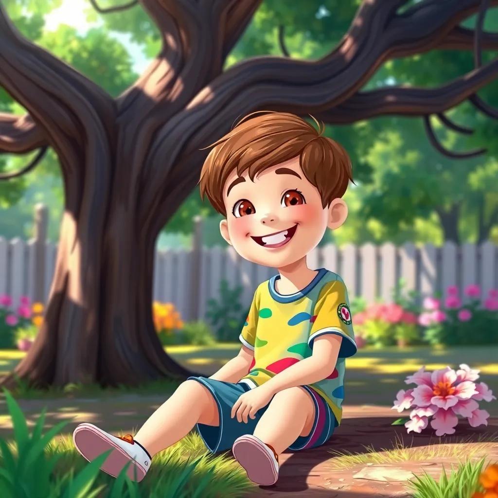 A cheerful young boy, عبدالله, with short brown hair, wearing a colorful t-shirt and shorts, sitting under a big tree in a garden, painting with bright colors, digital art, vibrant colors, cheerful atmosphere, high quality