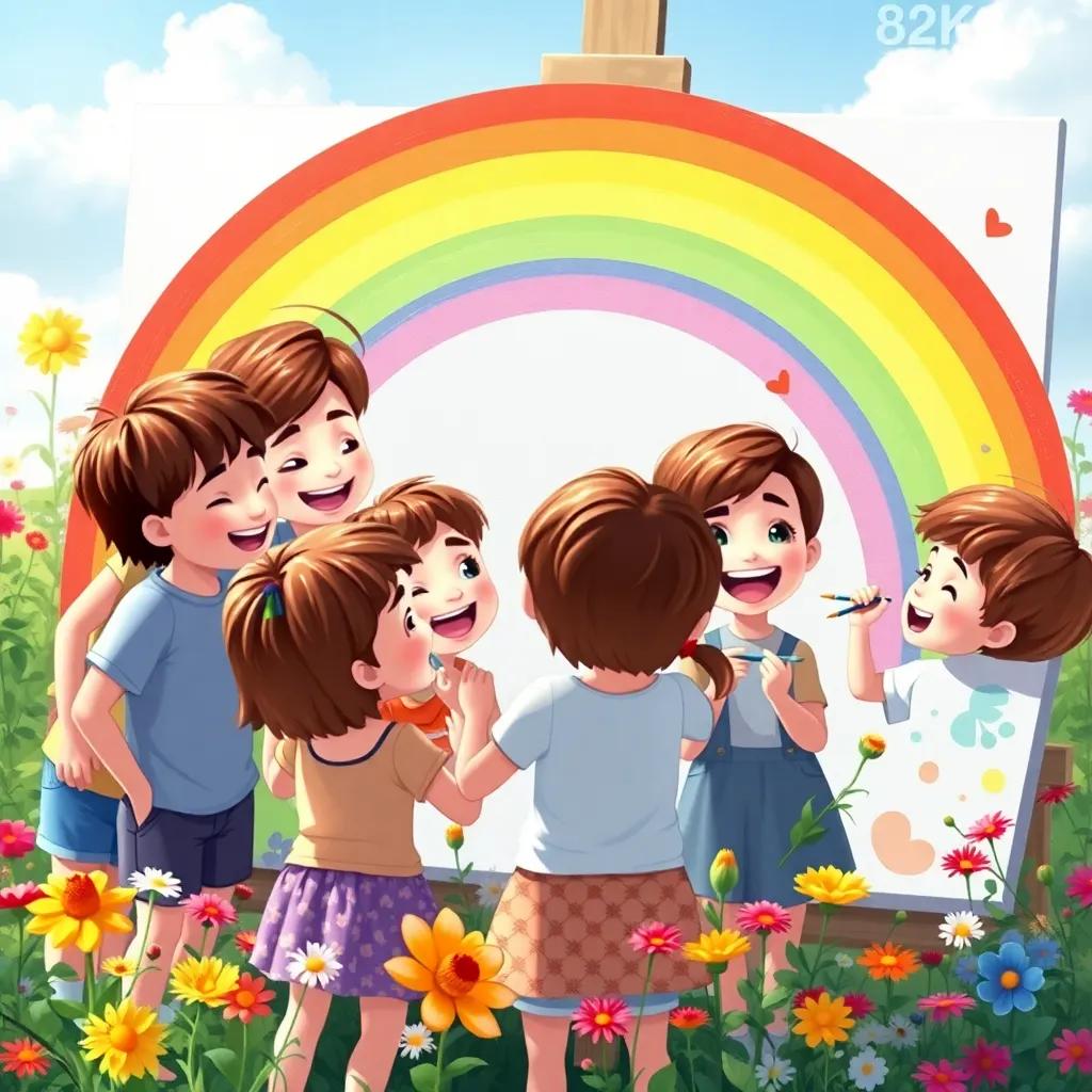 A group of happy children gathered around عبدالله, with short brown hair, all laughing and painting, creating a big rainbow on a large canvas, surrounded by flowers and greenery, joyful, colorful, heartwarming scene