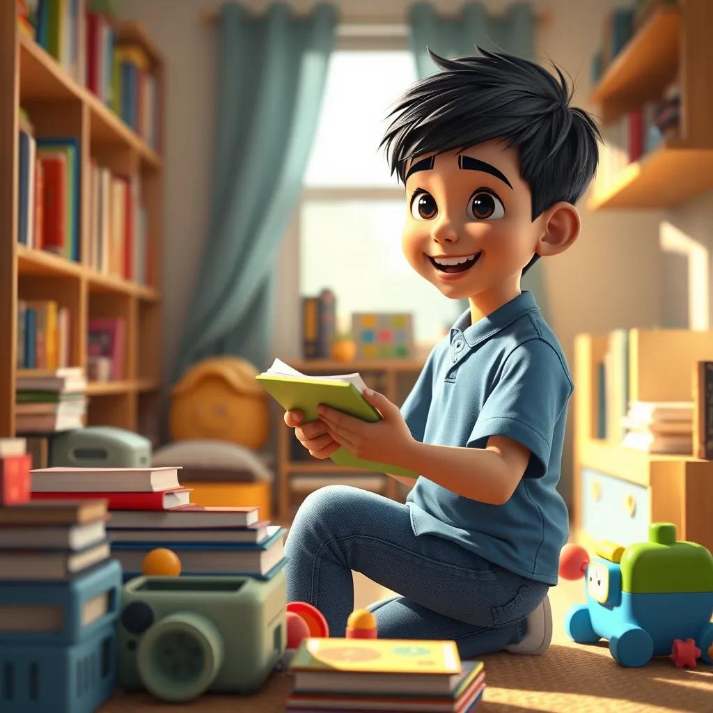 A young Arab boy, عبدالله, with short black hair, wearing a blue shirt and jeans, happily organizing his room filled with books and toys, bright and cheerful atmosphere, digital art, vibrant colors, inviting light, close-up perspective, high quality