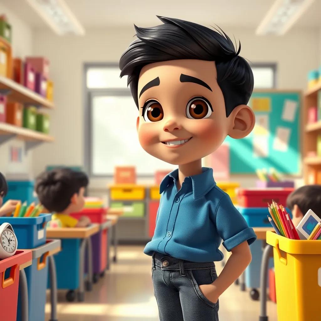 A young Arab boy, عبدالله, with short black hair, wearing a blue shirt and jeans, standing inside a classroom with colorful boxes, helping his friends arrange supplies, bright natural light, cheerful and lively colors, positive atmosphere, high quality