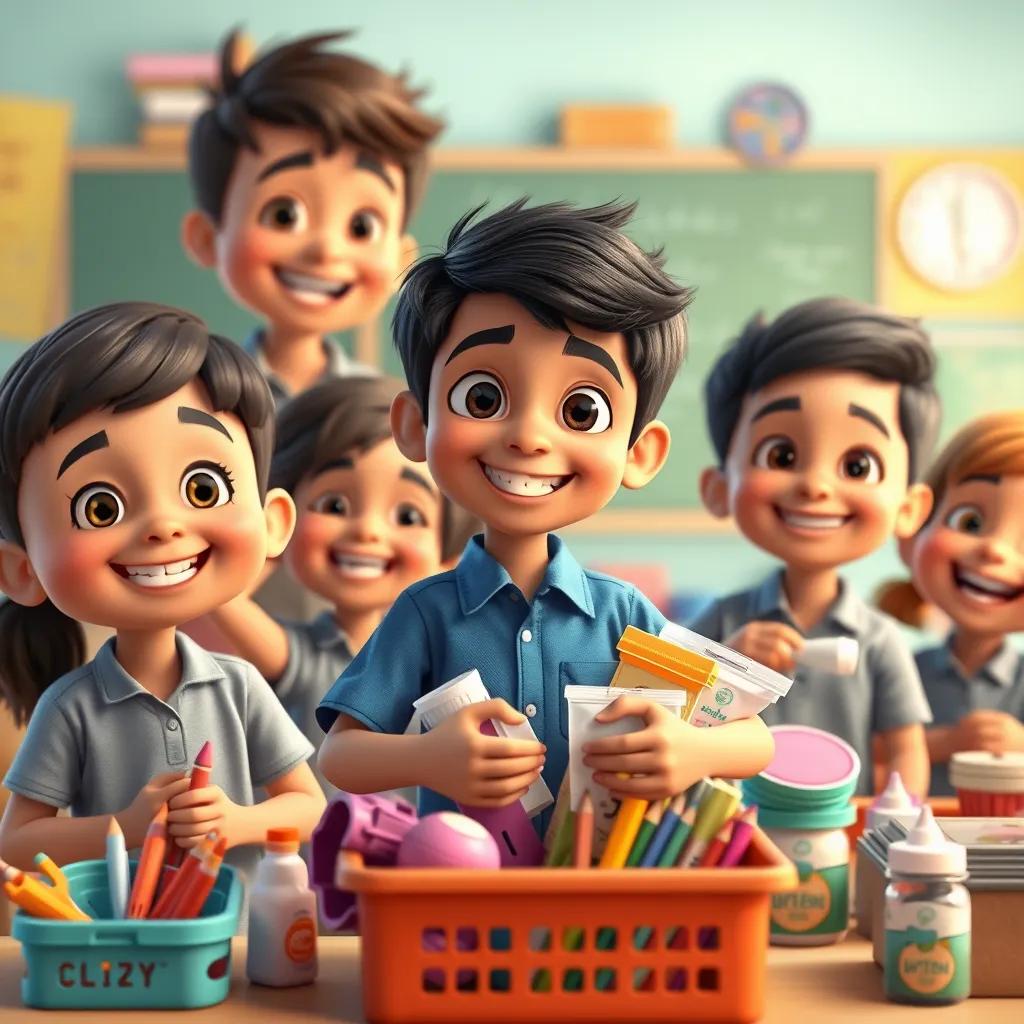 A group of children including عبدالله, a young Arab boy with short black hair in a blue shirt, proudly organizing classroom supplies, surrounded by smiles and teamwork, vibrant and cheerful environment, high quality