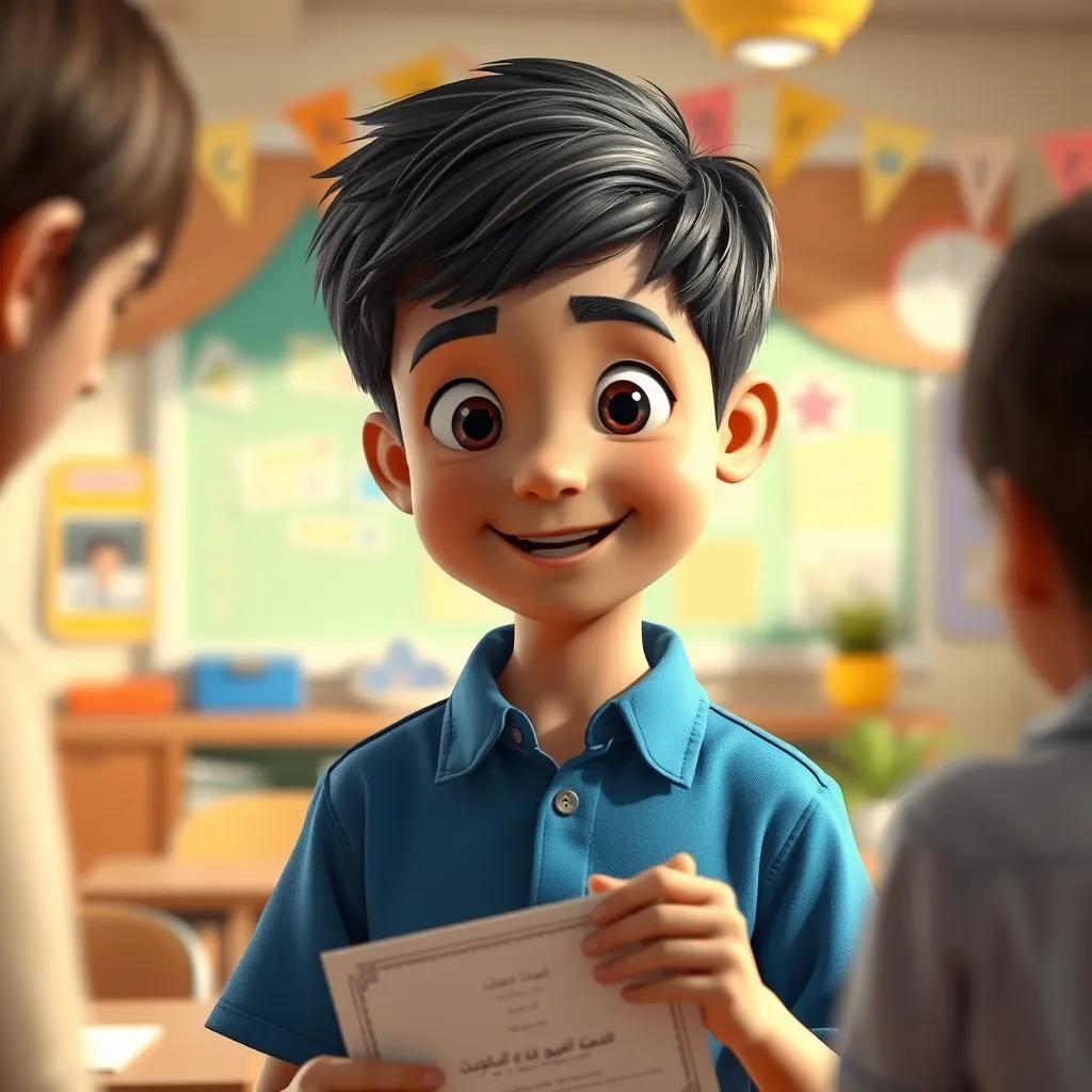 A young Arab boy, عبدالله, with short black hair, wearing a blue shirt, receiving a certificate of appreciation from a teacher in a decorated classroom, proud moment, warm light, bright colors, joyful atmosphere, high quality