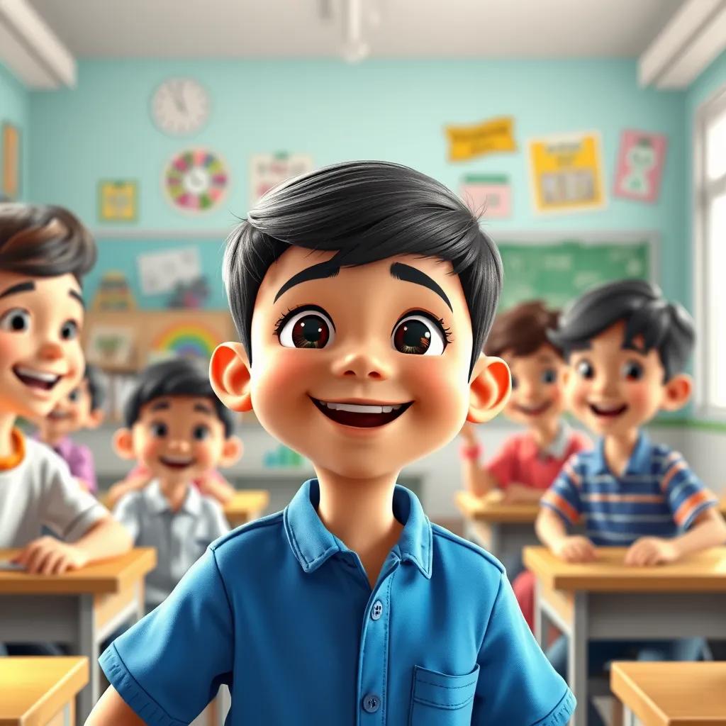 A young Arab boy, عبدالله, with short black hair, wearing a blue shirt, playing with friends in a neat classroom, celebrating the joy of order, smiling faces, bright colors, fun and lively scene, high quality
