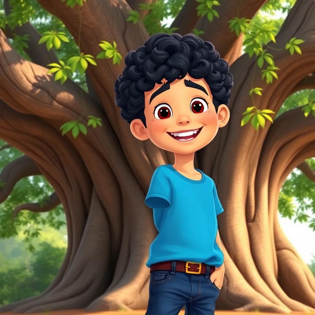 A young Arab boy, Abdo, with short curly hair, wearing a bright blue t-shirt and jeans, smiling enthusiastically in front of an ancient tree with green leaves, illustration, cheerful, adventure-themed, vibrant colors, child-friendly