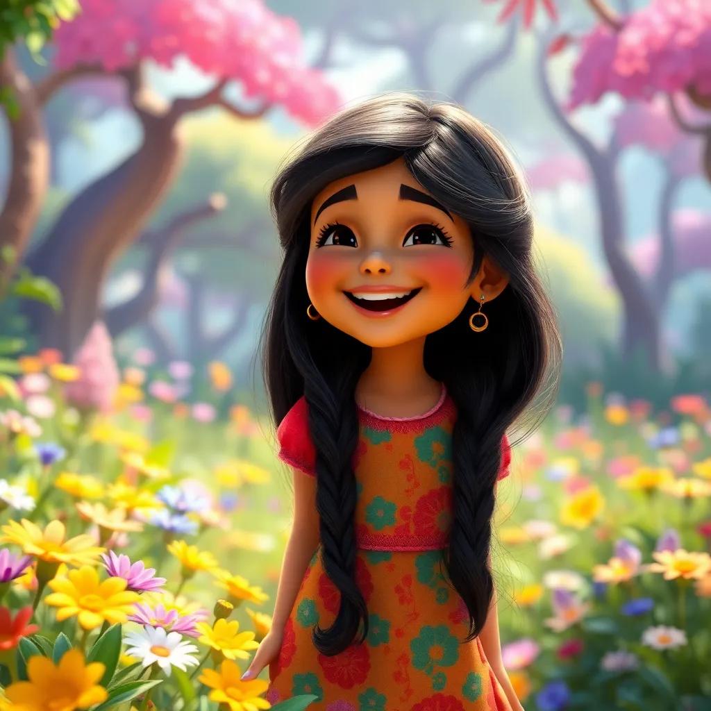 A young Arab girl, Lulu, with long black hair in a colorful dress, laughing and playing near colorful flowers, surrounded by a magical forest with bright colors and trees, fantasy style, joyful atmosphere, cheerful imagery, warm light