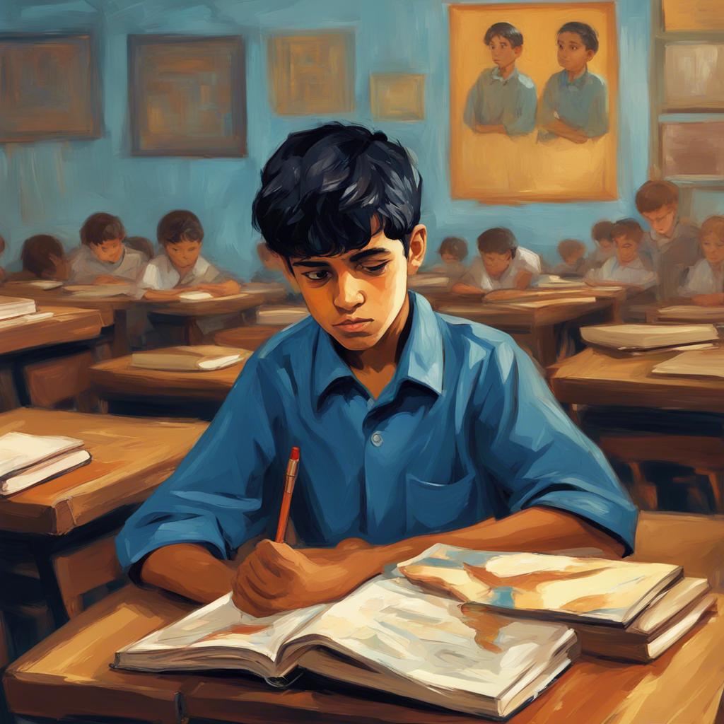 A young Arabic boy, Abdul Rahman, with short black hair, wearing a blue school uniform, looking sad in a classroom with books and desks, digital art, warm colors, inviting atmosphere, high quality
