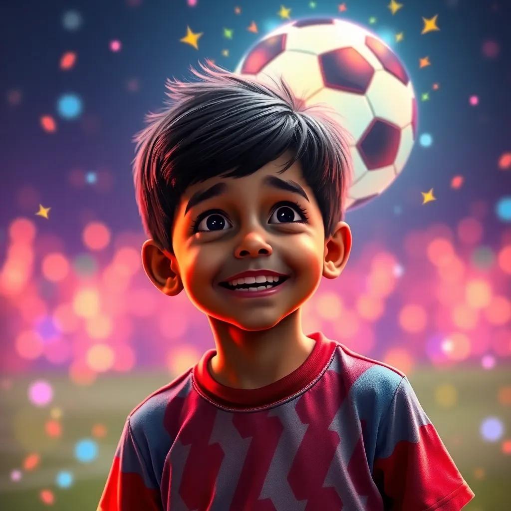 A young Yemeni boy, Abdul Rahman, with short black hair, wearing a colorful t-shirt and soccer shorts, looking amazed at a magical glowing soccer ball, colorful sparkles around, joyful expression, vibrant scene, high quality