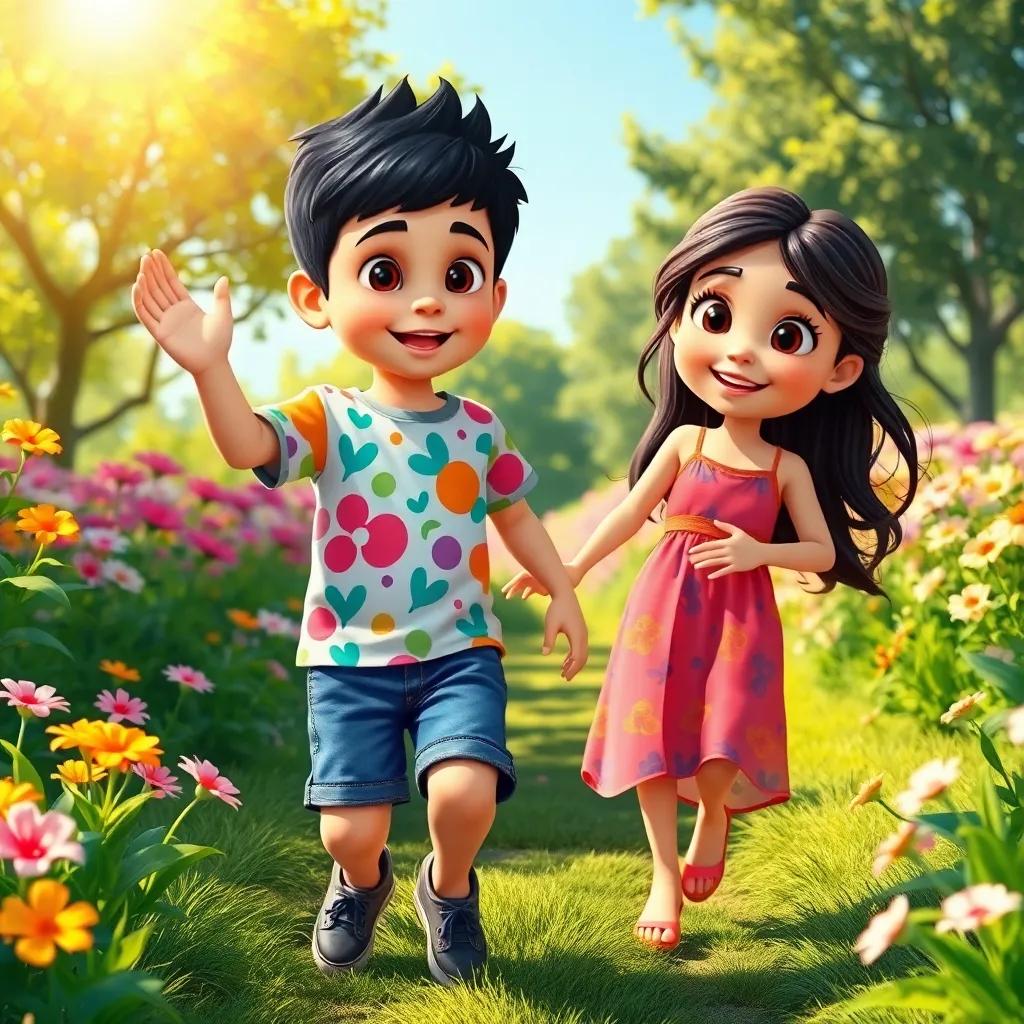A young Arab boy, عبدالرحمن, with short black hair, wearing a colorful t-shirt and denim shorts, playing in a sunny garden with a young Arab girl, مودة, with long dark hair wearing a bright dress, surrounded by flowers and trees, cheerful atmosphere, playful scene, digital art, vibrant colors, warm sunlight, high quality