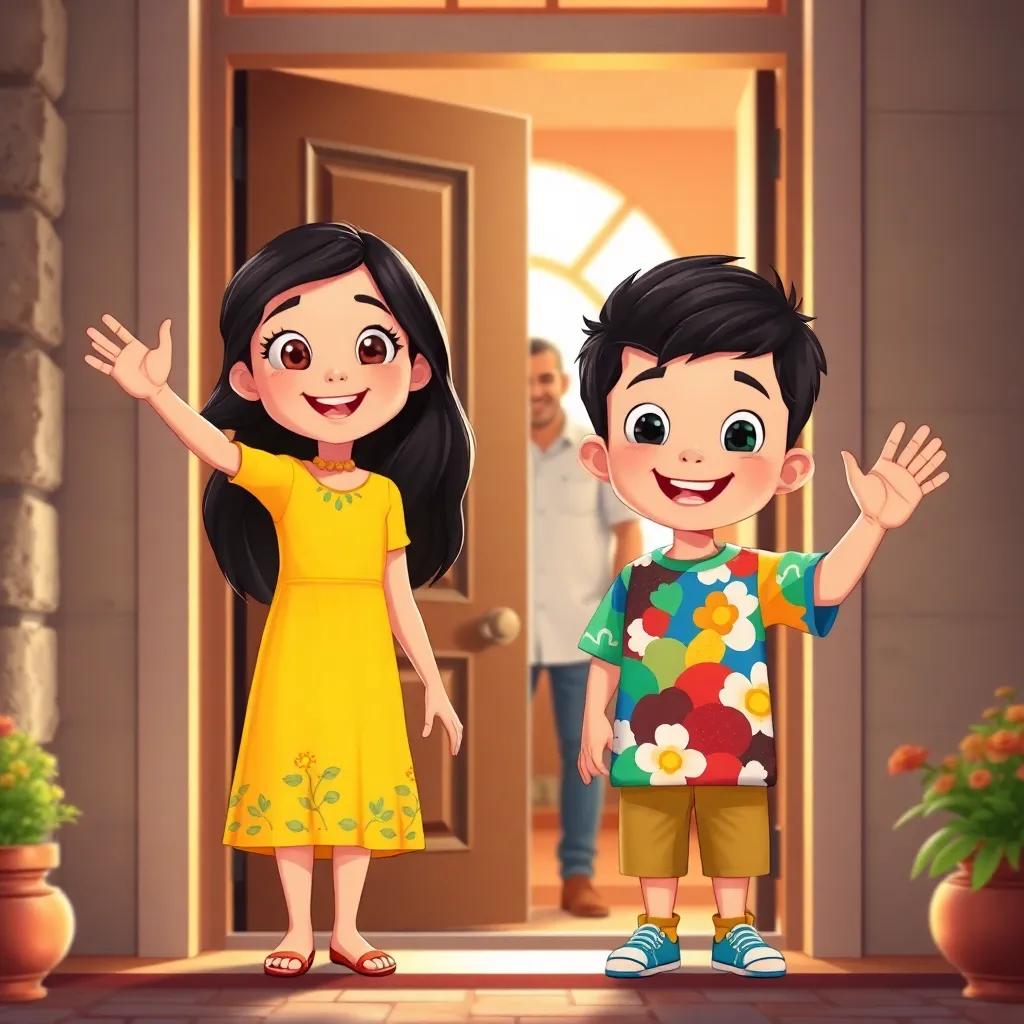 A young Arab girl, مودة, with long dark hair wearing a bright dress, and a young Arab boy, عبدالرحمن, with short black hair in a colorful t-shirt, standing at their house door with wide smiles, waving at their father, أيمن, with an open hand, welcoming warm light, home environment, heartwarming, digital illustration, inviting scene, high quality