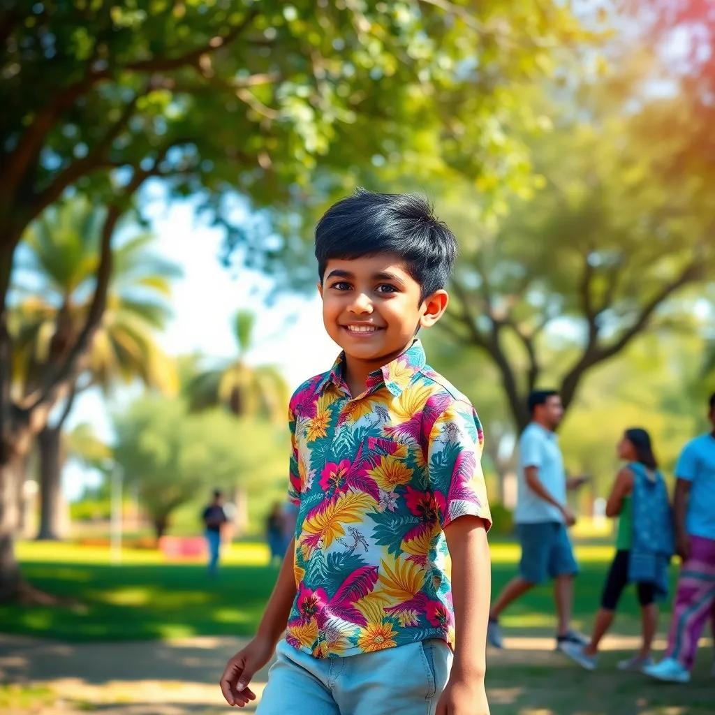 A young Arab boy, Abdul Karim, with short black hair, wearing a colorful shirt and shorts, playing in a sunny park, surrounded by trees and friends, cheerful atmosphere, digital art, vibrant colors, high quality