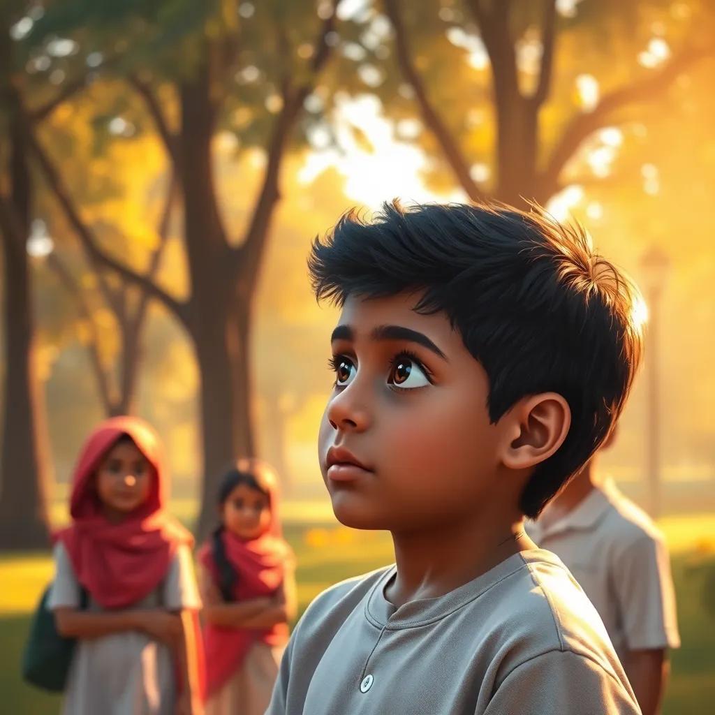 A young Arab boy, Abdul Karim, with short black hair, looking thoughtful in the park, with his friends watching, warm sunlight filtering through the trees, illustrating a moment of realization, digital painting, soft colors, heartwarming scene, high quality