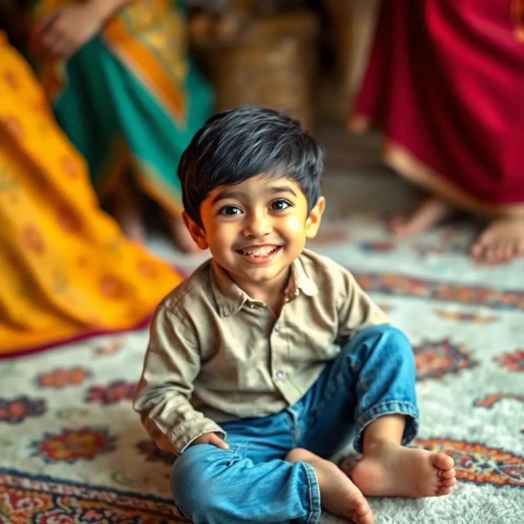 A young Arab boy, Abdul Malik, with short black hair, wearing a simple shirt and jeans, sitting happily on a soft rug under his aunts' feet, colorful, charming scene, warm light, child-friendly, joyful