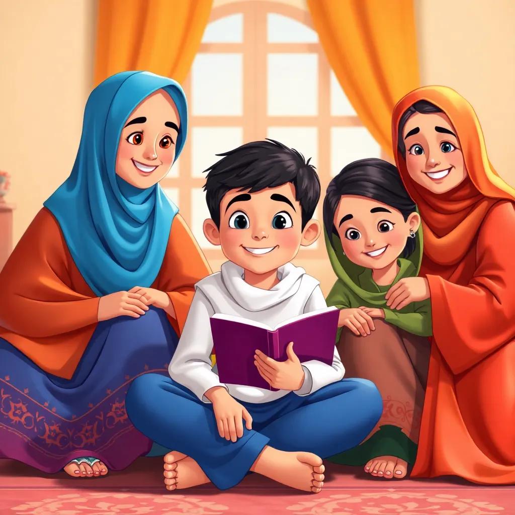 Abdul Malik, a young Arab boy, with short black hair, sitting cross-legged, surrounded by his aunts Fawziya and Hania, both with cheerful faces, sharing stories, colorful illustration, friendly atmosphere, bright colors, engaging