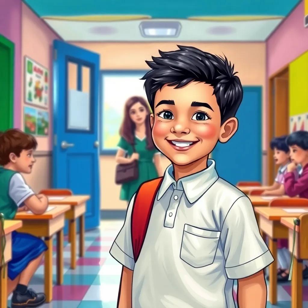 A young Arab boy, عبد النور, with short black hair, wearing a colorful school uniform, happily entering a classroom with a friendly teacher smiling at him, bright and welcoming ambiance, lively colors, joyful scene, illustration