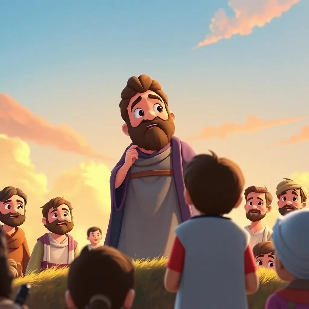 A wise prophet, Noah, standing on a hill, talking to a crowd of people with mixed expressions of curiosity and disbelief. Bright sky, warm colors, engaging atmosphere, vibrant digital art, child-friendly.