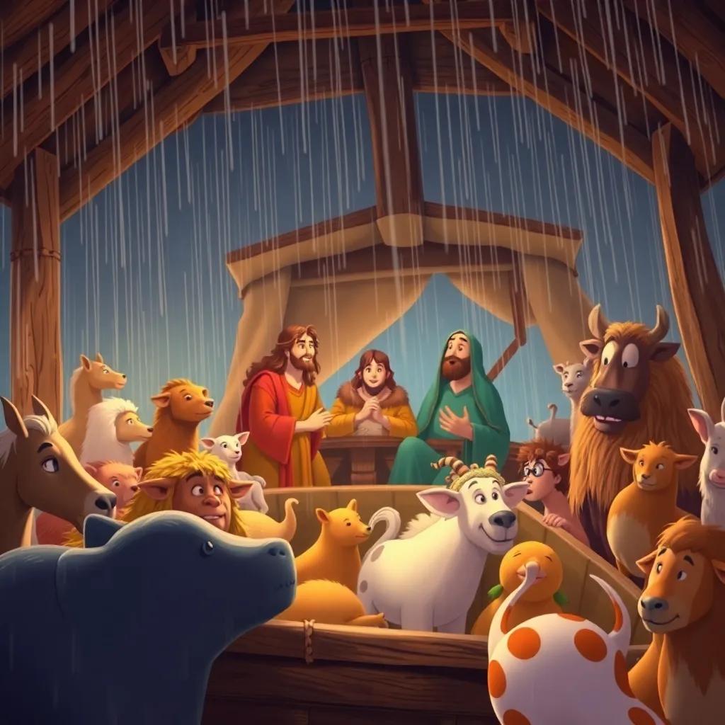 Noah and his family inside a large ship, surrounded by animals in pairs, as it rains heavily outside. The scene is warm and comforting, depicting hope and trust with a rich atmosphere, detailed illustration.