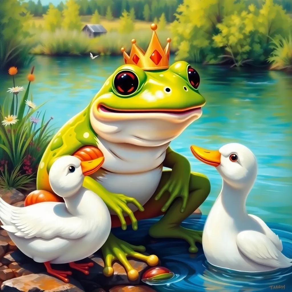 A cheerful frog with green skin, wearing a small crown, sitting by a riverbank, talking to a duck and smiling, bright sunny day, colorful landscape, cheerful atmosphere, high quality