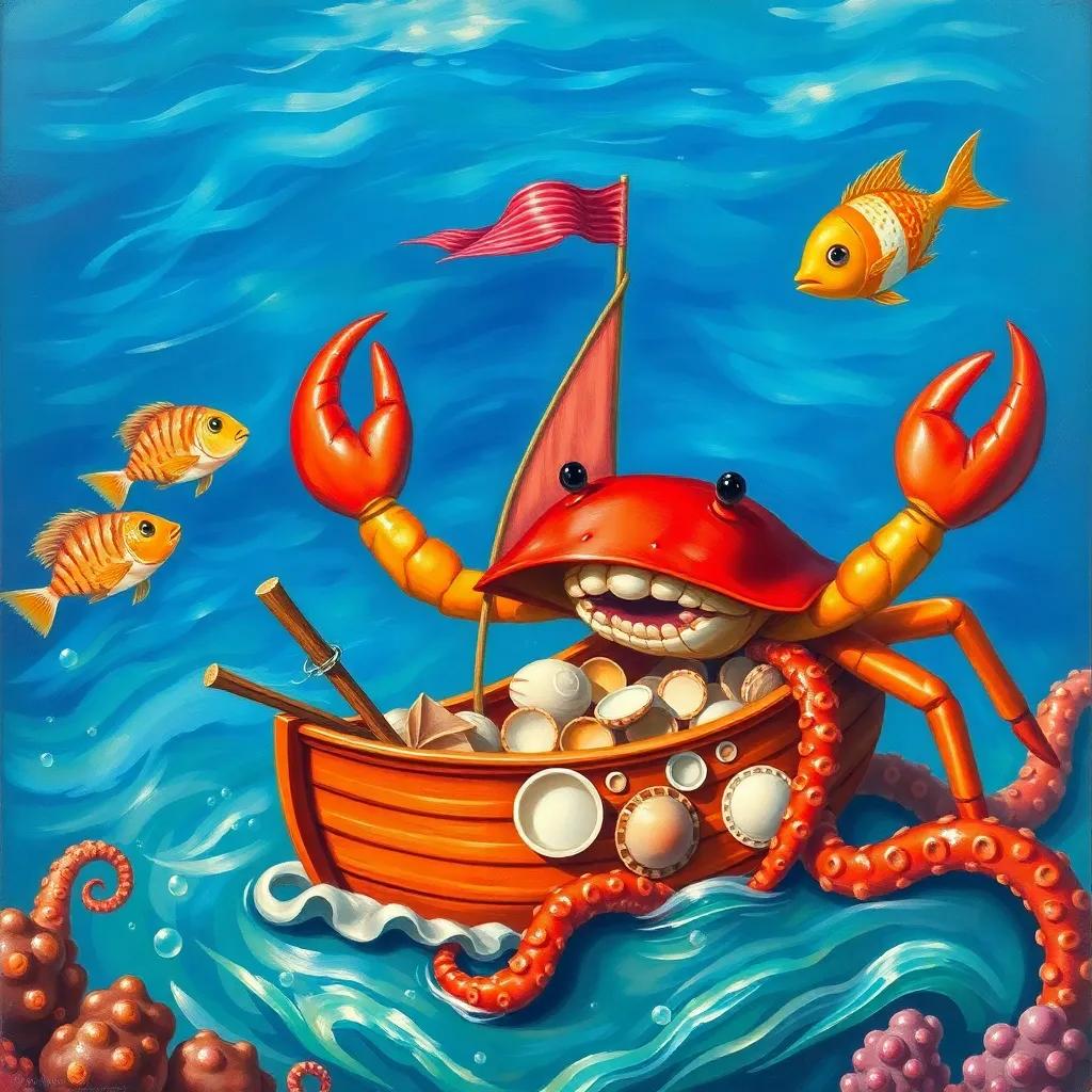 A crab with red shell, building a small boat with shells and sticks, surrounded by a happy octopus and a jumping fish, bright blue water, sunny day, teamwork theme, vibrant colors, detailed scene