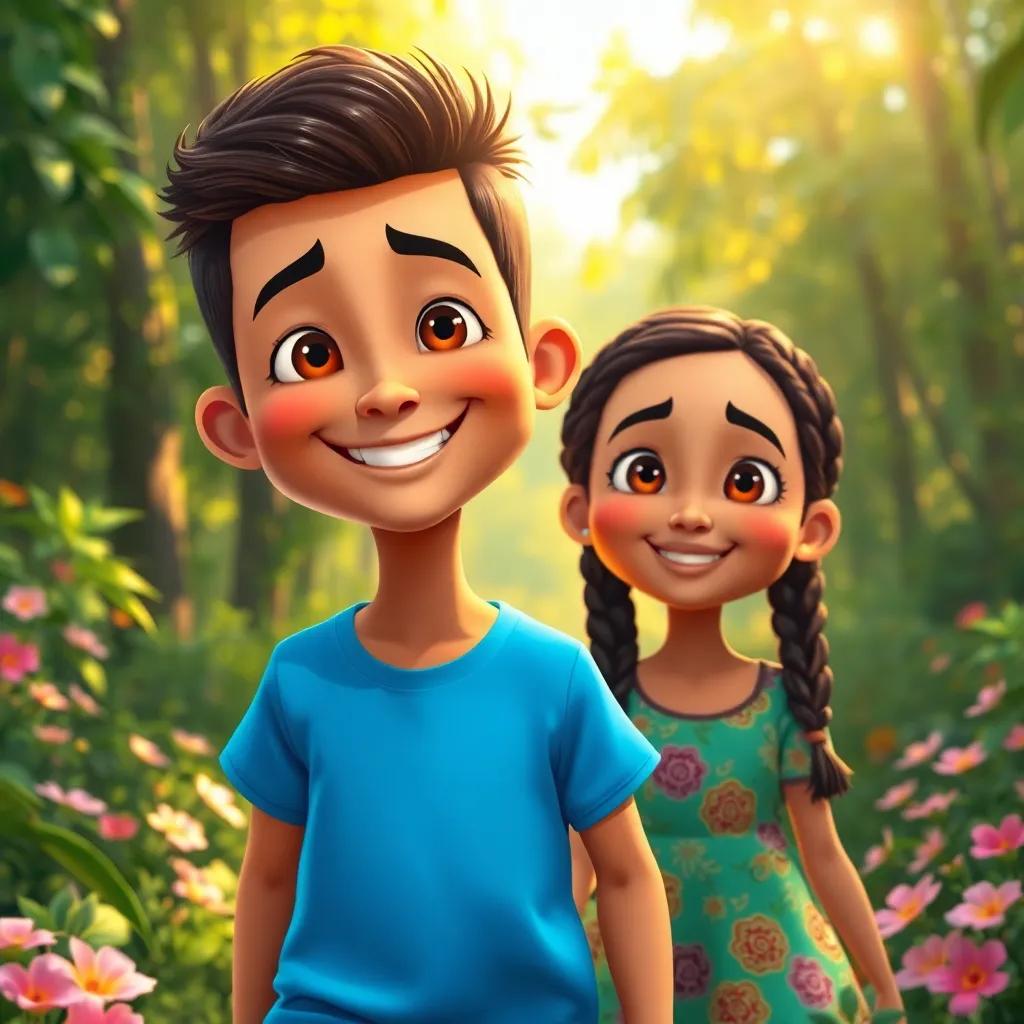 A cheerful young Arab boy, عبيد, with short dark hair wearing a bright blue t-shirt, walking in a lush green forest with his sister, غزيل, a young Arab girl with braided hair in a colorful dress, surrounded by flowers, digital art, warm sunlight, vibrant colors, joyful atmosphere