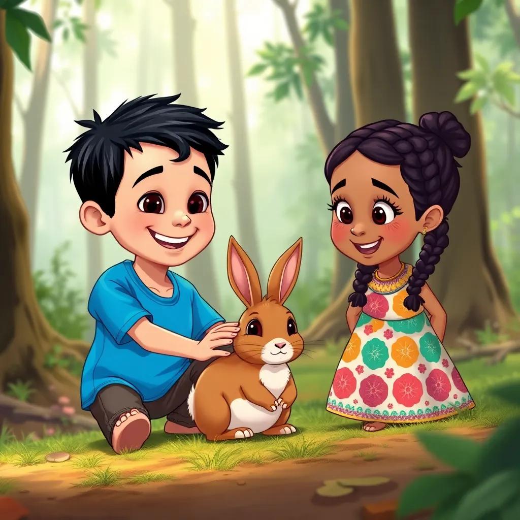 عبيد, a cheerful young Arab boy with short dark hair in a bright blue t-shirt, playing with a small brown rabbit in the forest, with غزيل, a young Arab girl with braided hair and a colorful dress, watching excitedly, illustration, playful, vibrant colors, nature background