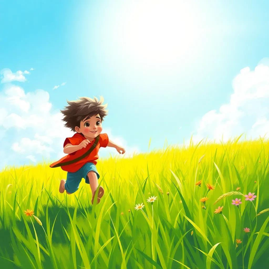 A young boy, Zaidan, running quickly in a green meadow under the bright sun, feeling the cool breeze on his face, digital art, vibrant colors, cheerful atmosphere, high quality