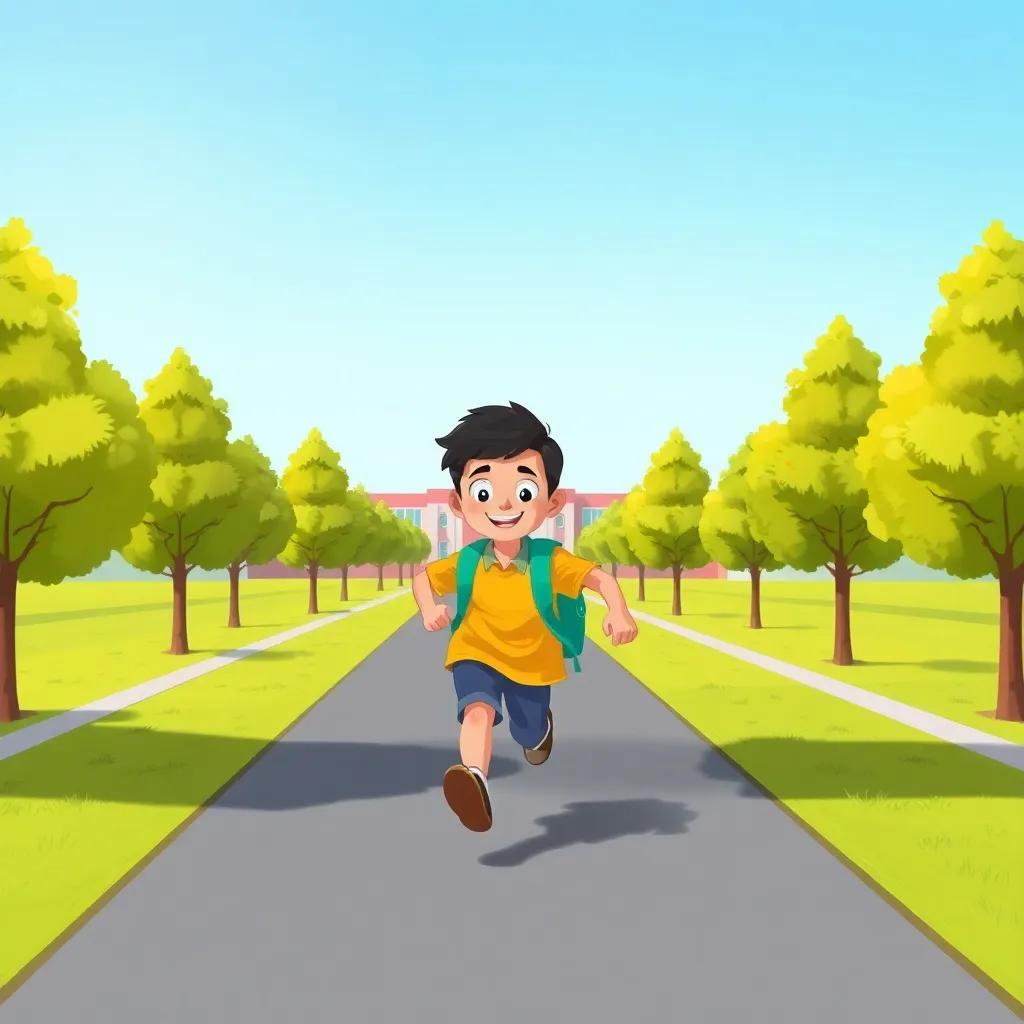 A young Arab boy, عثمان الشاطر, wearing a bright school uniform, running energetically towards the school with a backpack, trees on both sides of the road, clear blue sky, illustration, dynamic, cheerful mood, child-friendly