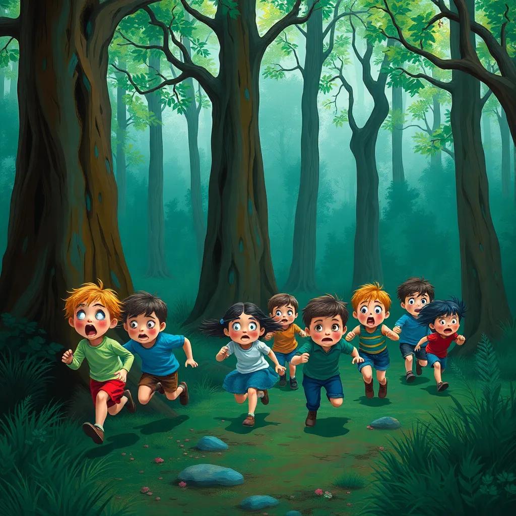 A group of frightened children running in a dense forest, with big trees and scared faces, digital art, vibrant colors, whimsical atmosphere, high quality