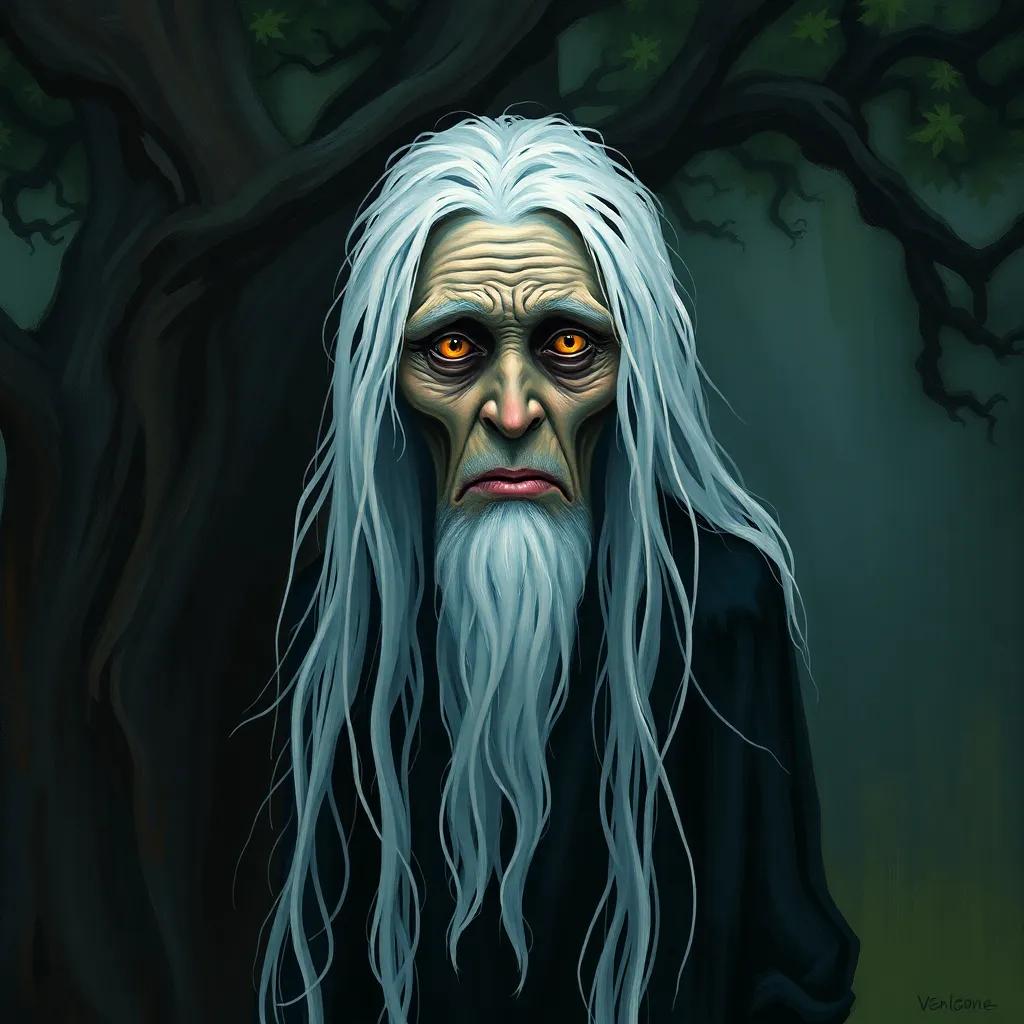 An old witch with long white hair and a scary face, standing under a shadowy tree, with a worried expression, digital painting, dark colors, magical feel, high quality