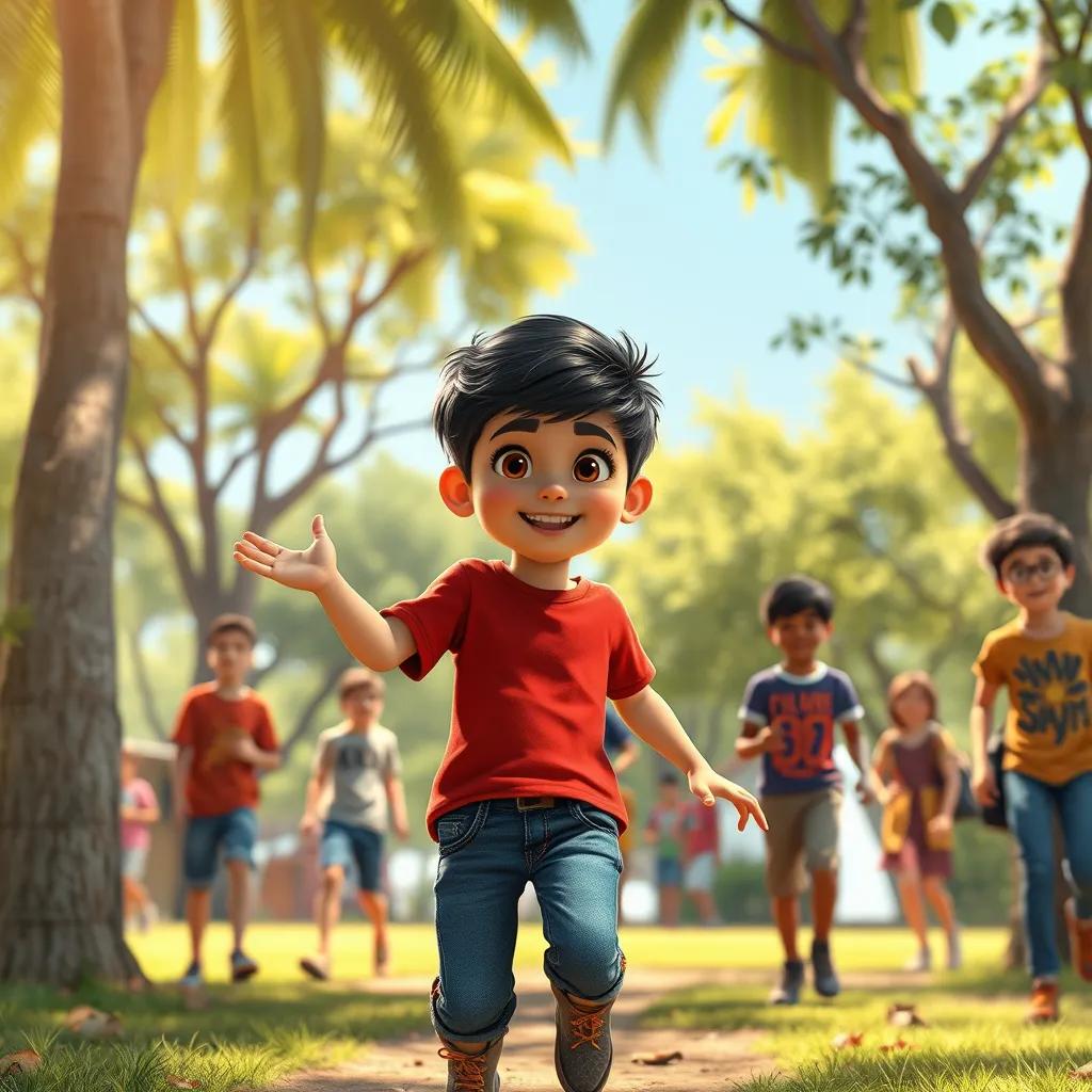 A young Arab boy, Sami, with short black hair, wearing a red t-shirt and jeans, playing outside among trees with friends, digital art, vibrant colors, joyful atmosphere, high quality