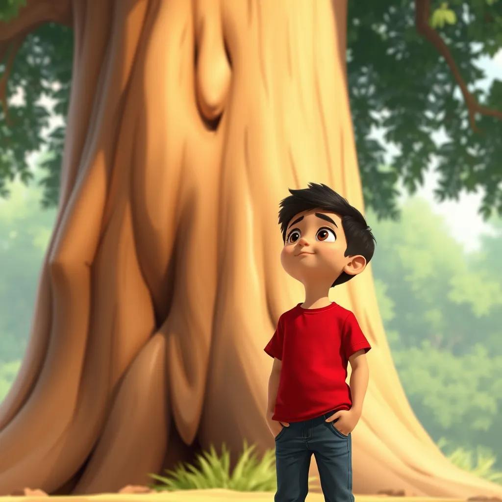 Sami, a young Arab boy with short black hair, wearing a red t-shirt and jeans, standing nervously in front of a tall tree, looking up, illustration, emotional, child-friendly, realistic