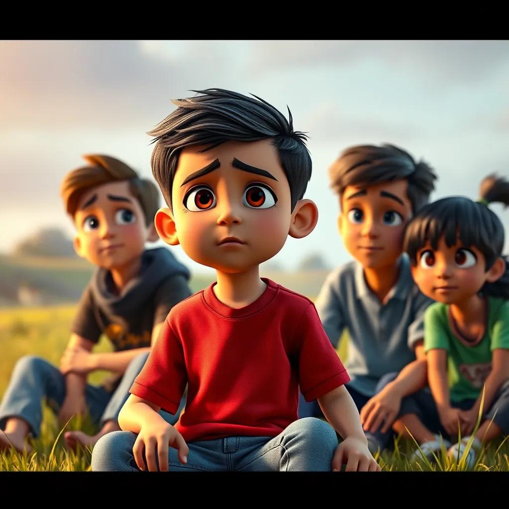 Sami, a young Arab boy with short black hair, wearing a red t-shirt and jeans, with his friends looking disappointed, sitting on the grass, colorful, warm light, storytelling view, heartwarming
