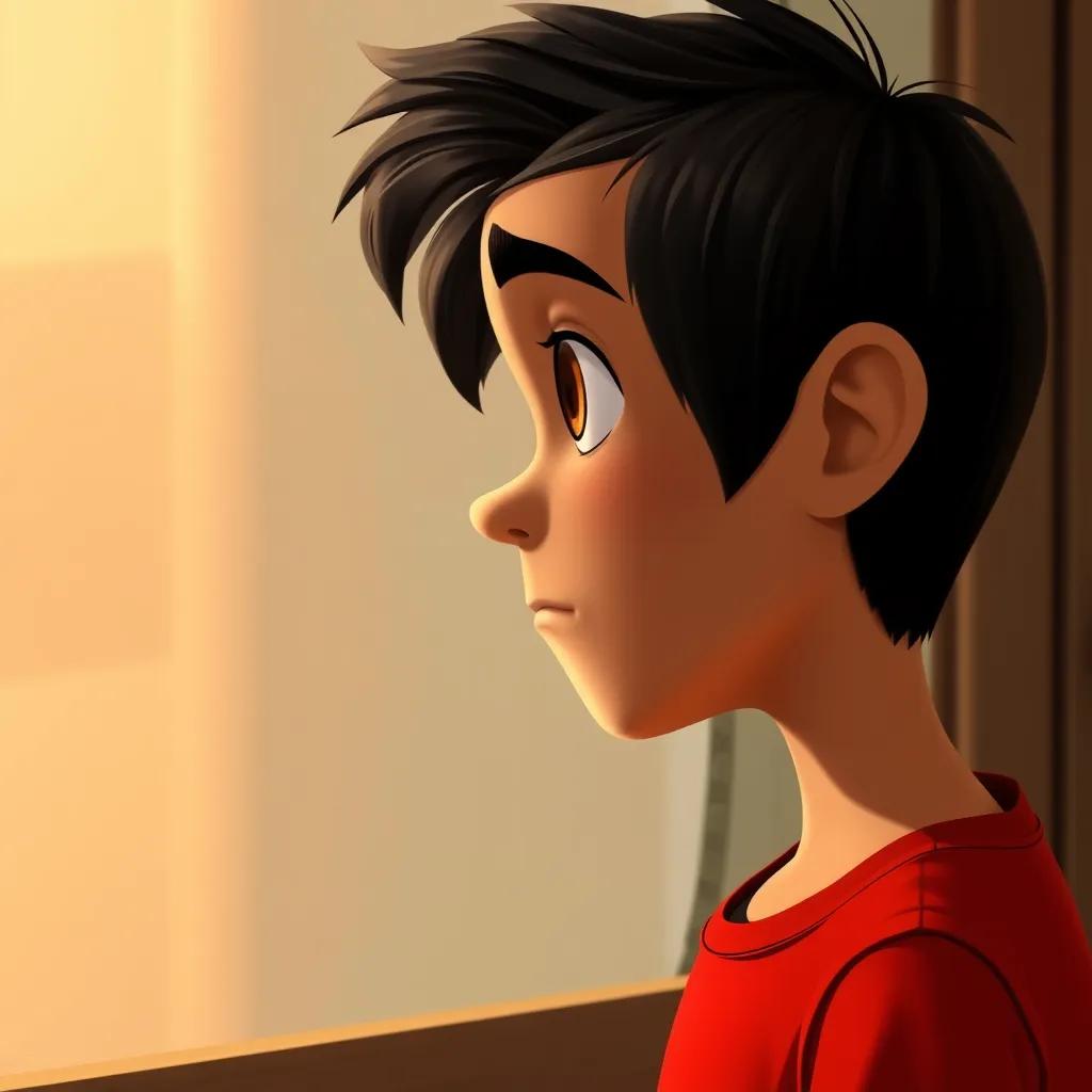 Sami, a young Arab boy with short black hair, wearing a red t-shirt and jeans, thinking in front of a mirror, looking serious, soft light, warm colors, introspective