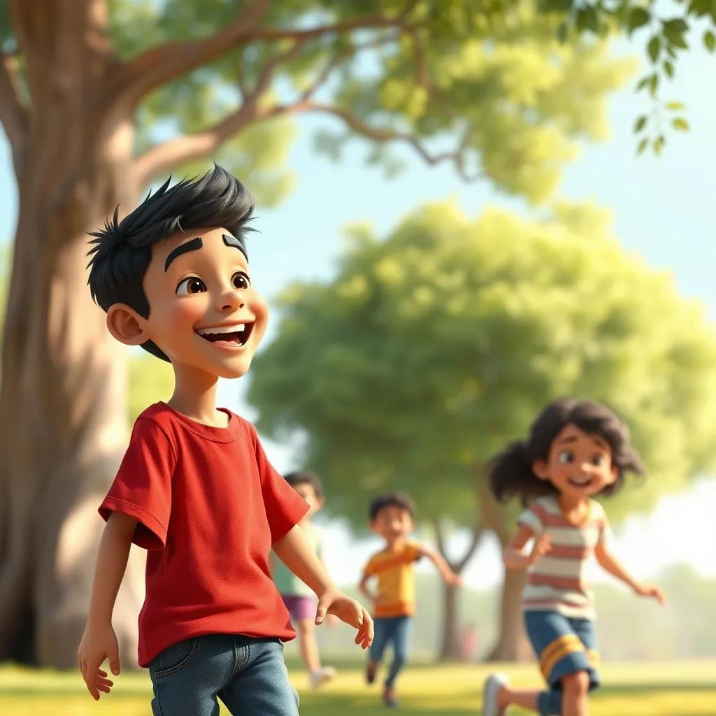 Sami, a young Arab boy with short black hair, wearing a red t-shirt and jeans, happily playing with his friends, laughing and smiling, surrounded by trees, bright and cheerful, uplifting imagery