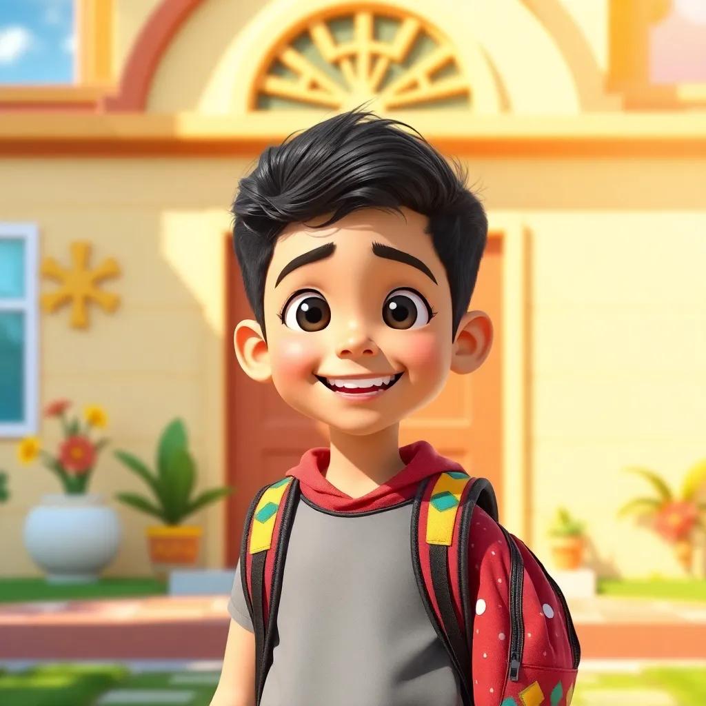 A young Arab boy, Aadi, with short black hair wearing a colorful backpack, standing excitedly outside a bright and cheerful school, sunny day, vibrant colors, welcoming atmosphere, high quality