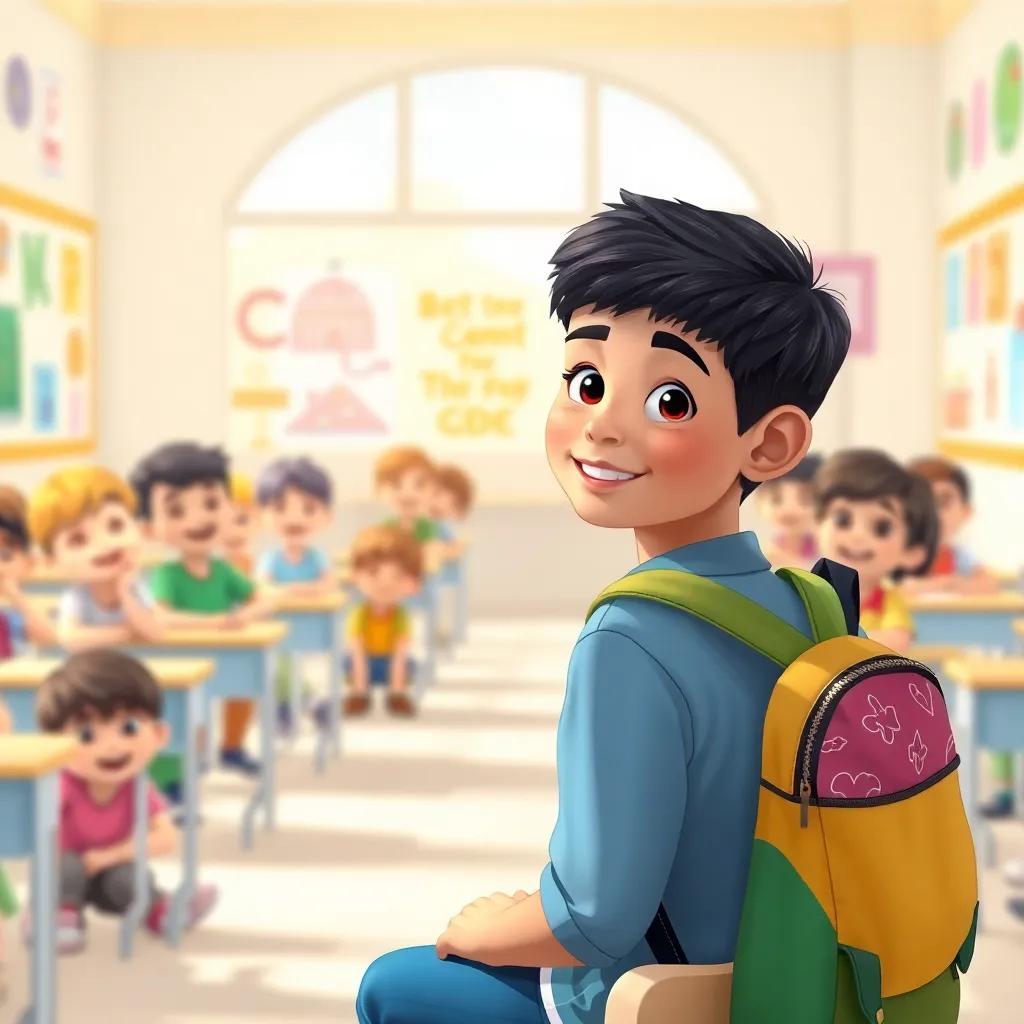 Aadi, a young Arab boy with short black hair wearing a colorful backpack, sitting in a bright classroom filled with smiling children, colorful drawings on the wall, friendly and warm sunlight, child-friendly illustration, high quality