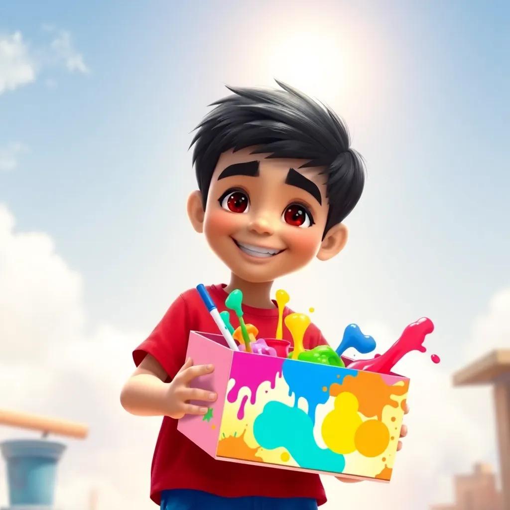 A young Arab boy, Sami, with short black hair, wearing a bright red t-shirt and blue shorts, holding a colorful box full of vibrant paint, smiling under a sunny sky, digital art, playful atmosphere, high quality, colorful scene