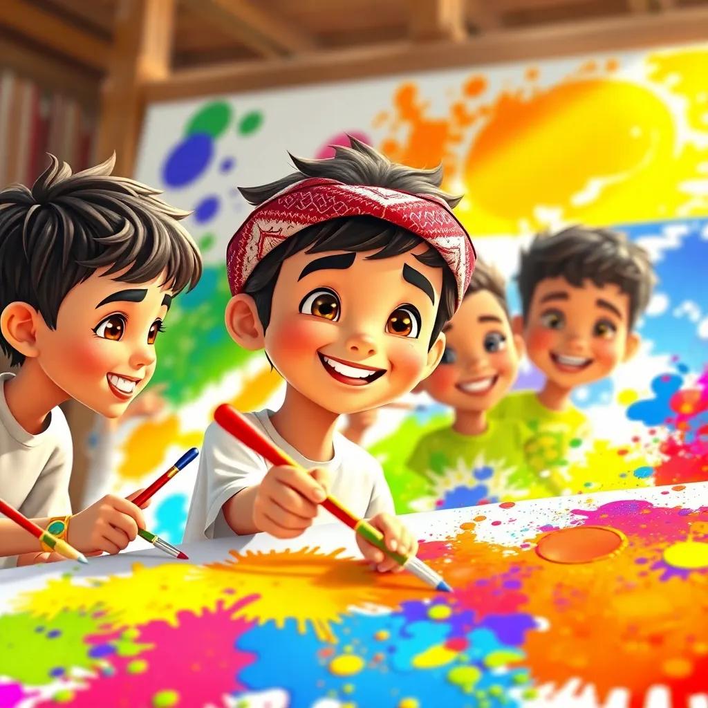 A young Arab boy, Sami, and his friends, all with smiles, using paintbrushes on a big canvas filled with bright colors, colorful splashes, cheerful and joyful, warm sunlight, high quality, vibrant colors