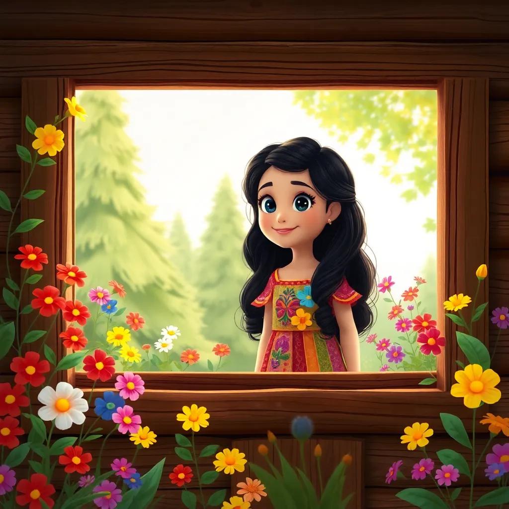 A young Arab girl, Miriam, with long, wavy black hair, wearing a colorful dress, looking out from a cabin window surrounded by colorful flowers and green trees, cheerful, childhood wonder