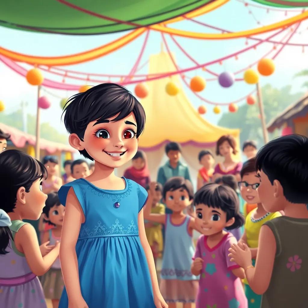 A celebration scene in a small village with children and families gathered around a colorful canopy, festive decorations, joyful expressions, Meryem, a 10-year-old girl with short dark hair wearing a blue dress, smiling as she talks with friends, digital art, vibrant colors, cheerful atmosphere, high quality