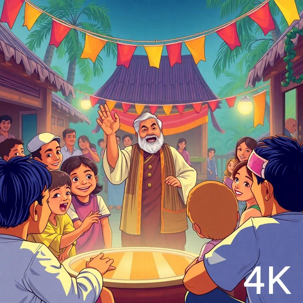 Families enjoying games and performances in the village square, with an older man, Uncle Said, wearing traditional clothing, speaking passionately to the gathered crowd, happy faces of children and family members, colorful banners, digital illustration, lively spirit, high quality
