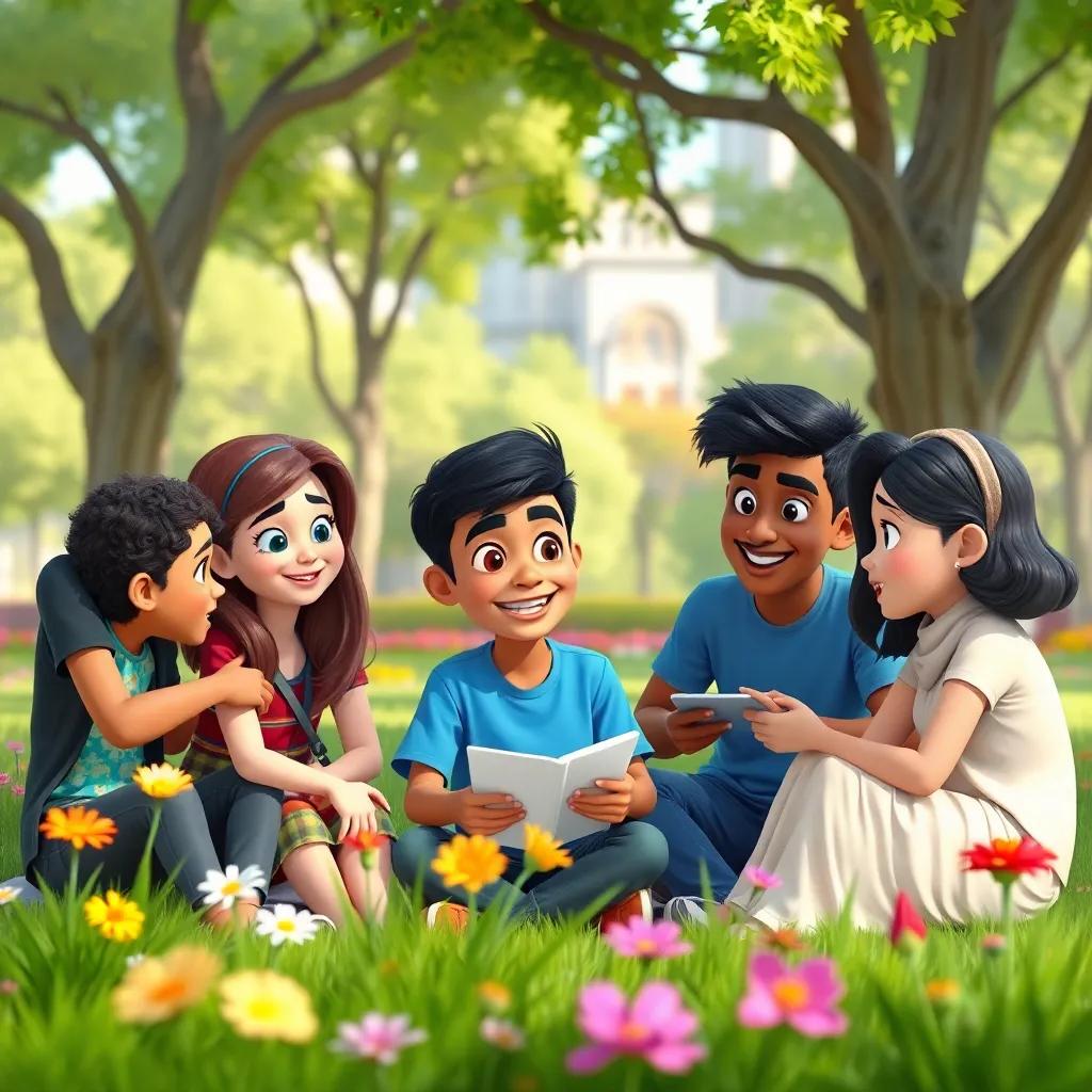 A group of six friends, including Ali, an Arab boy with short black hair wearing a blue shirt, sitting in a city park with trees, colorful flowers, discussing plans, digital art, vibrant colors, cheerful atmosphere, child-friendly