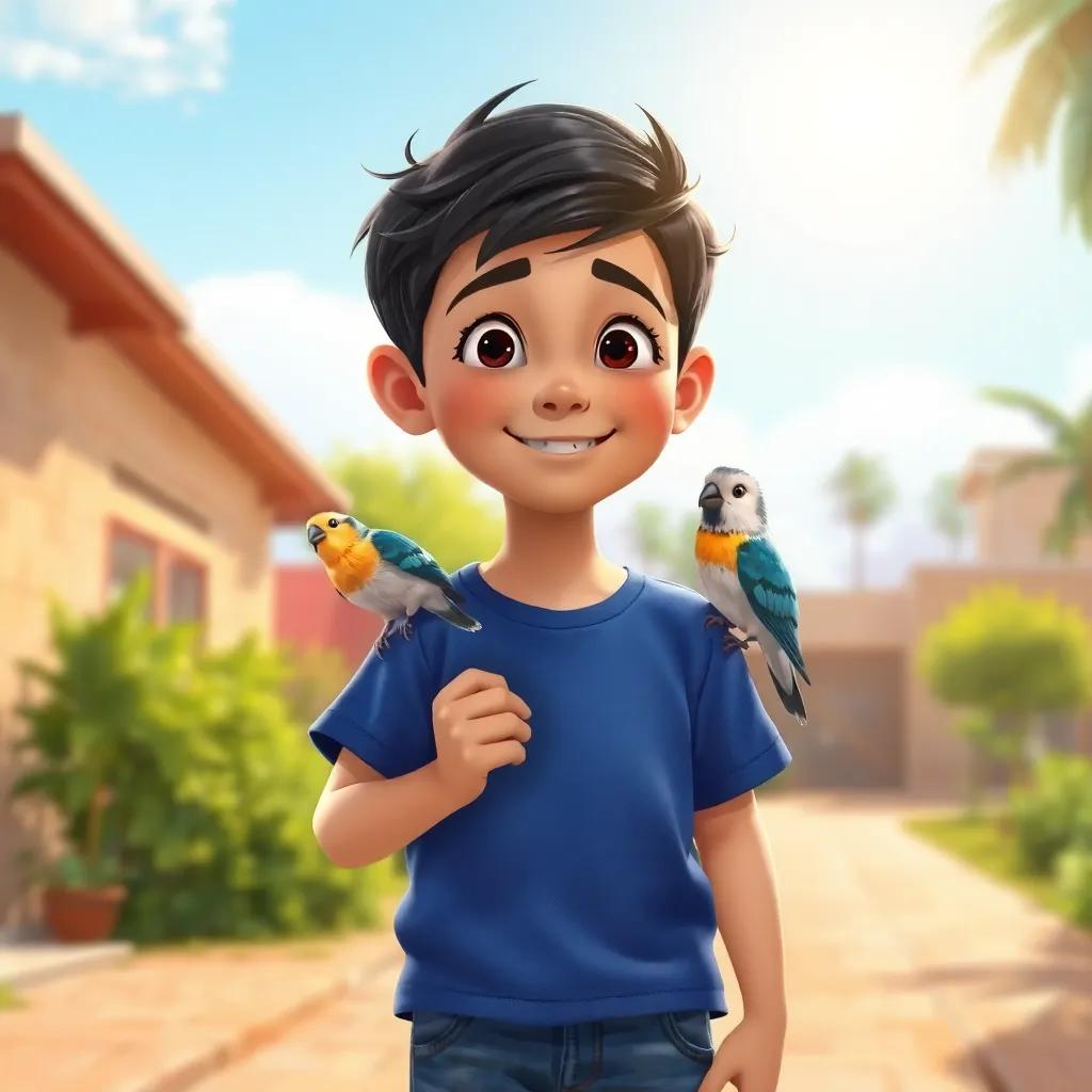 A young Arab boy, Sami, with short black hair, wearing a blue shirt and jeans, playing outside with a small zebra finch bird named Zain on his shoulder, under a bright sun, cheerful atmosphere, vibrant colors, happy scene, digital art